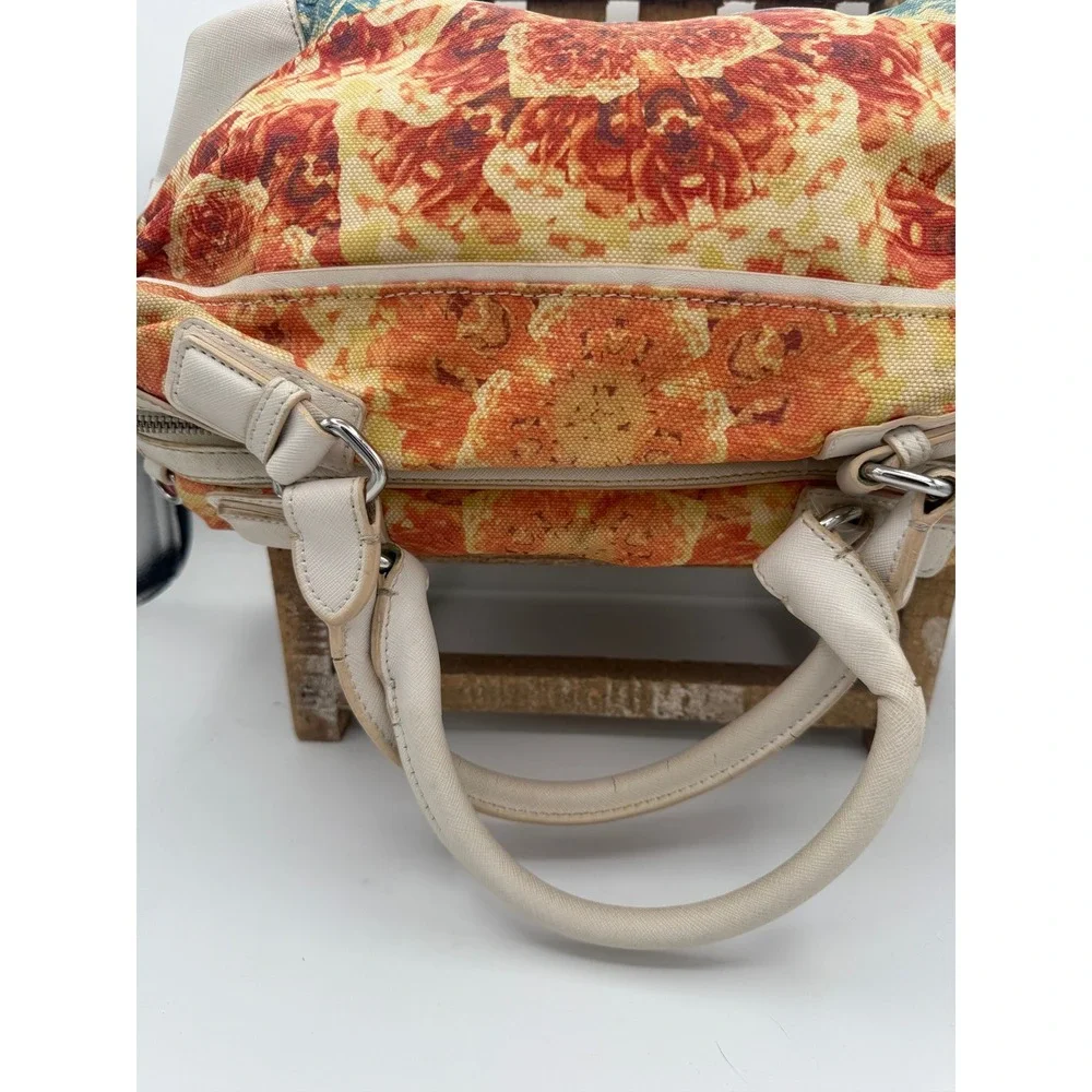 Floral Canvas Satchel Handbag Orange Blue Abstract Print Faux Leather Trim‎